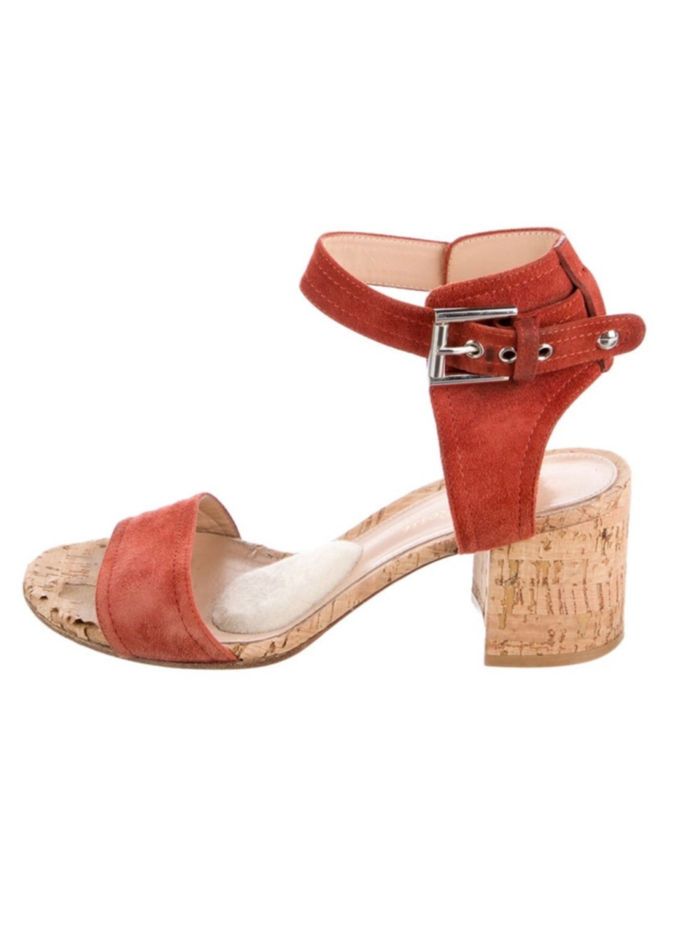 Gianvito Rossi EUC rusty Red Suede Cork Block Heel Sandals Size 8.5, ankle strap